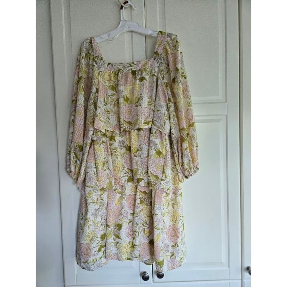 Who What Wear 3/4 Sleeve Ruffled Mini Dress  Pink Green Floral -Small Medium NEW - Picture 3 of 5